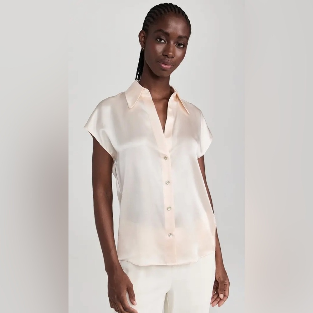 Vince Pale Blush Satin Short Sleeve Button Blouse